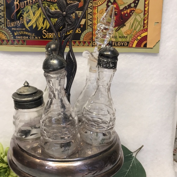 Vintage vase curettes carousel silver plated etch crystal glass oil vinegar 6 pc - Picture 4 of 16